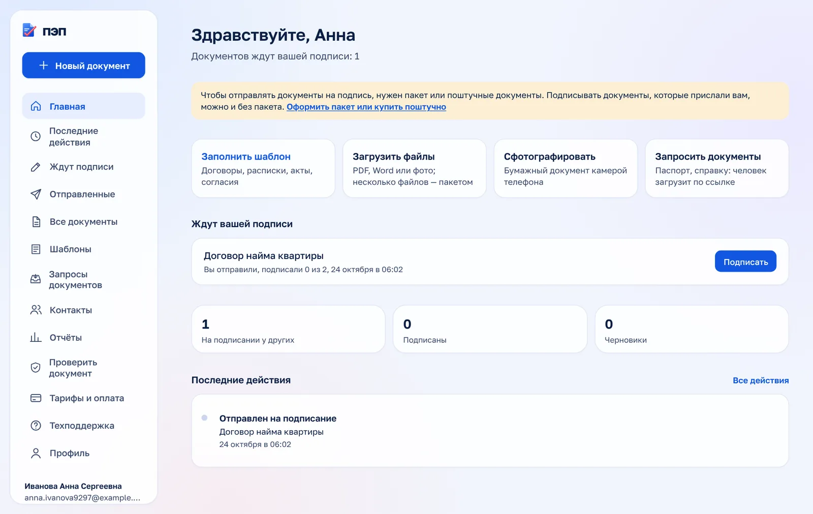 Личный кабинет после регистрации